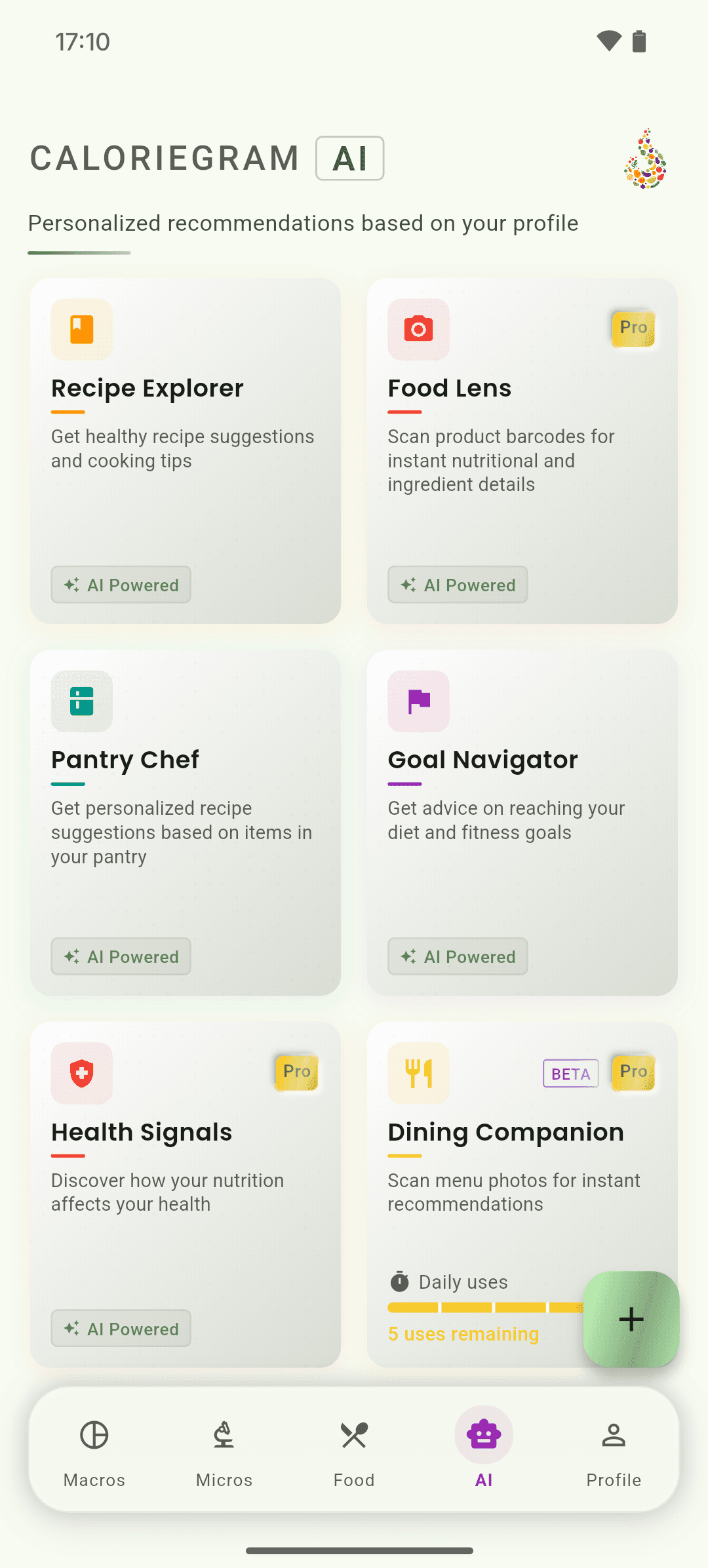 CalorieGram AI features menu with AI Agents