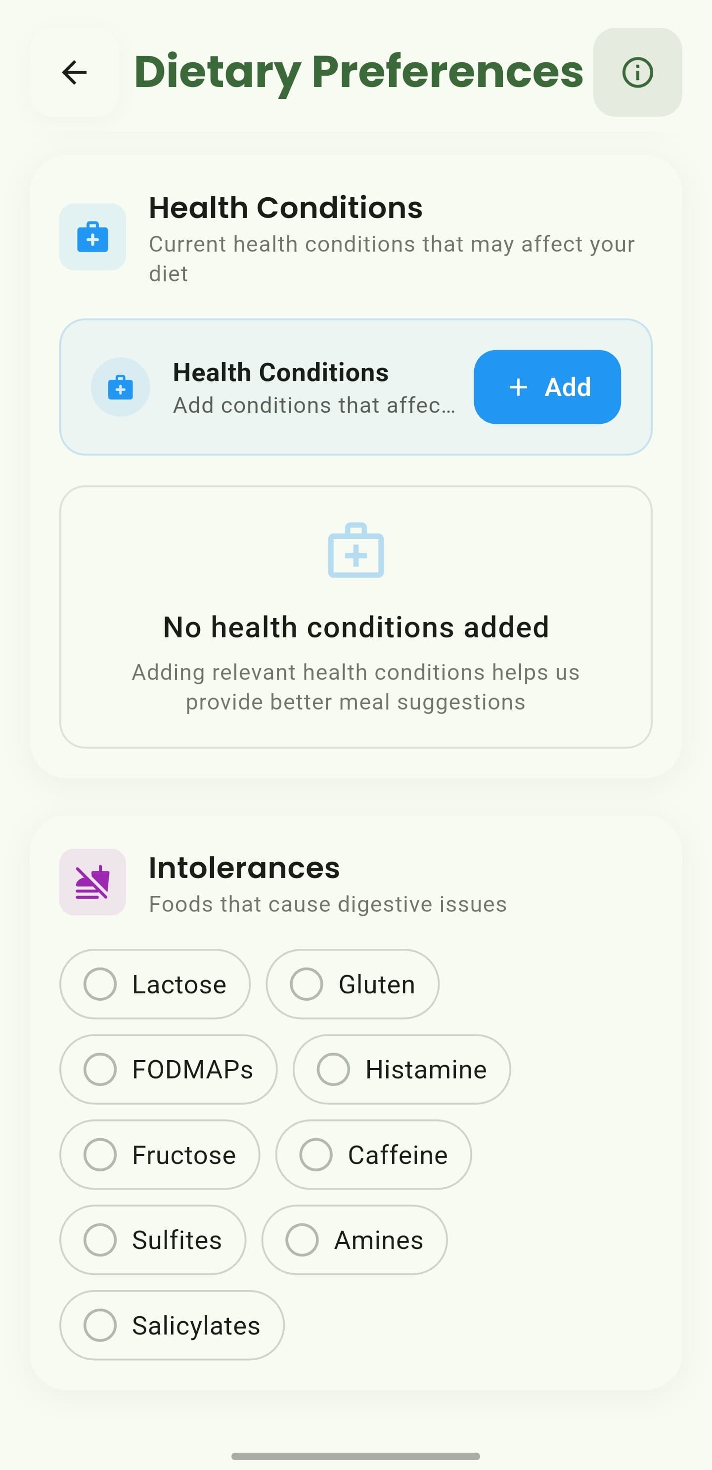 CalorieGram dietary preference screen